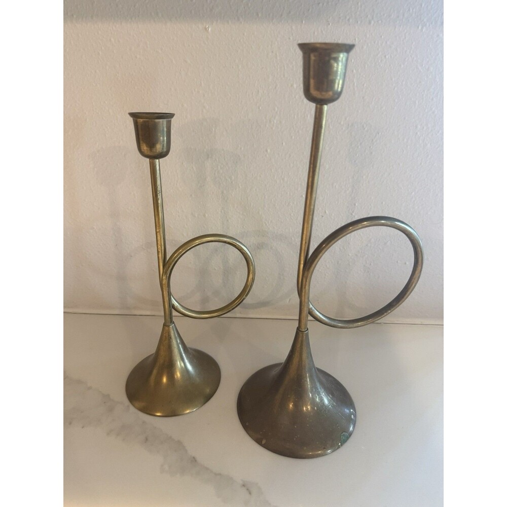 Vintage Set of 2 Tall Solid Brass Trumpet Candlestick Candle Holders India
